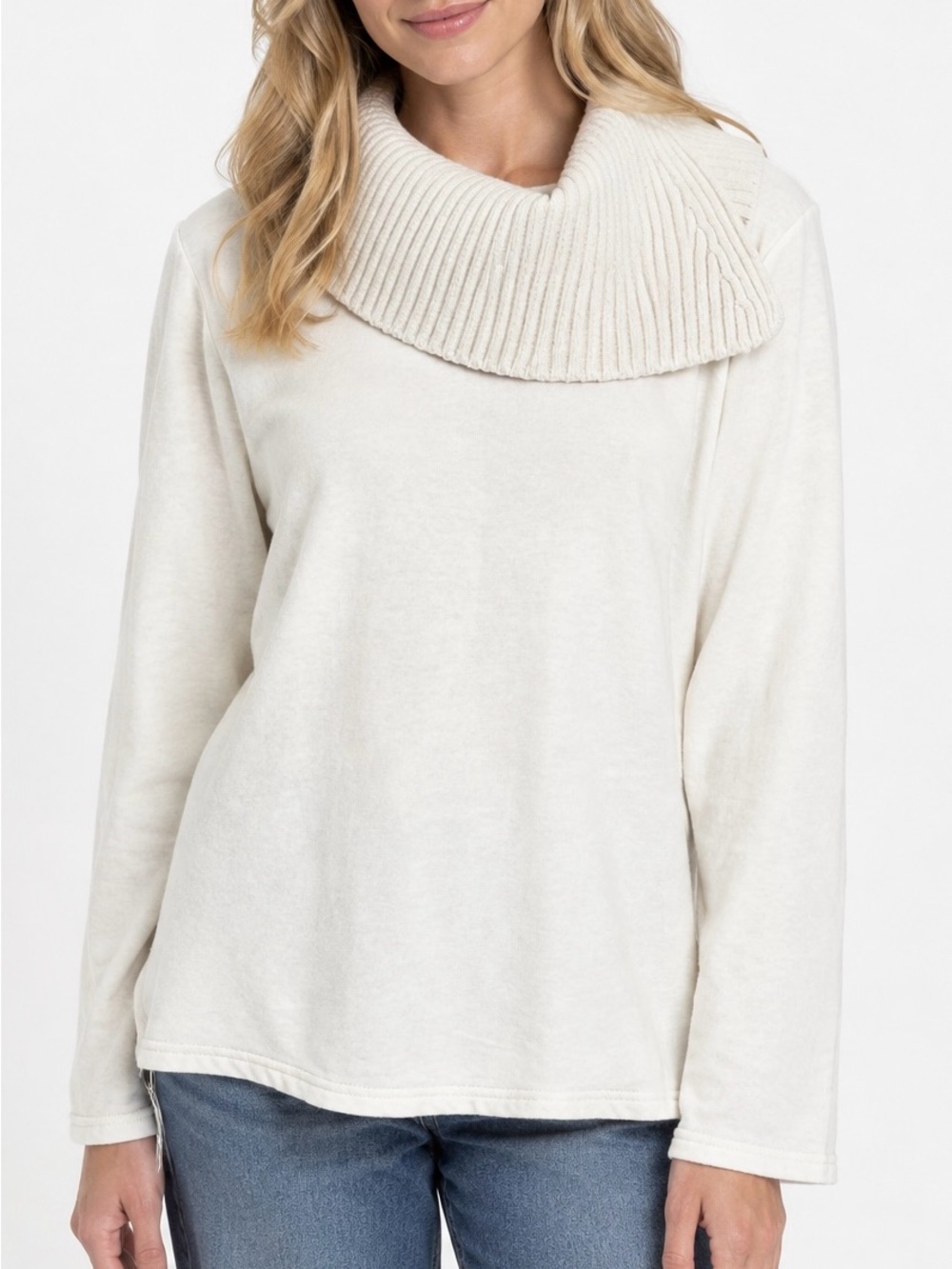 Chico's Ribbed Cowl Neck Pullover Mixed Media Top Ivory Quiet Luxury 1